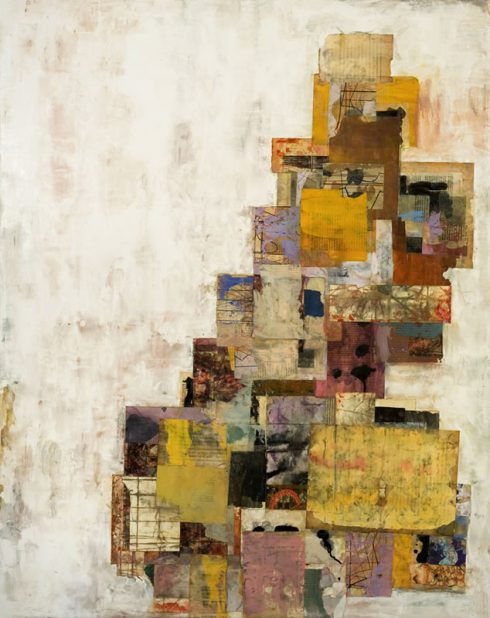 Babel Rising&nbsp;&nbsp;&nbsp; 48 x 32” encaustic collage and paint on canvas 2007