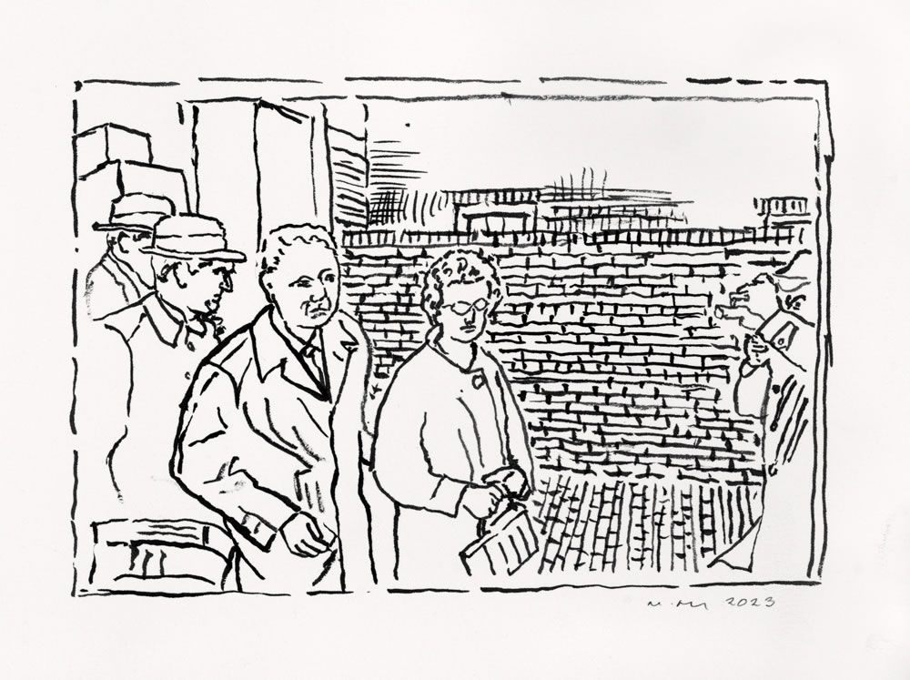 Filming Marina&nbsp;&nbsp;&nbsp; 2023 brush and ink drawing on paper 8 x 10"