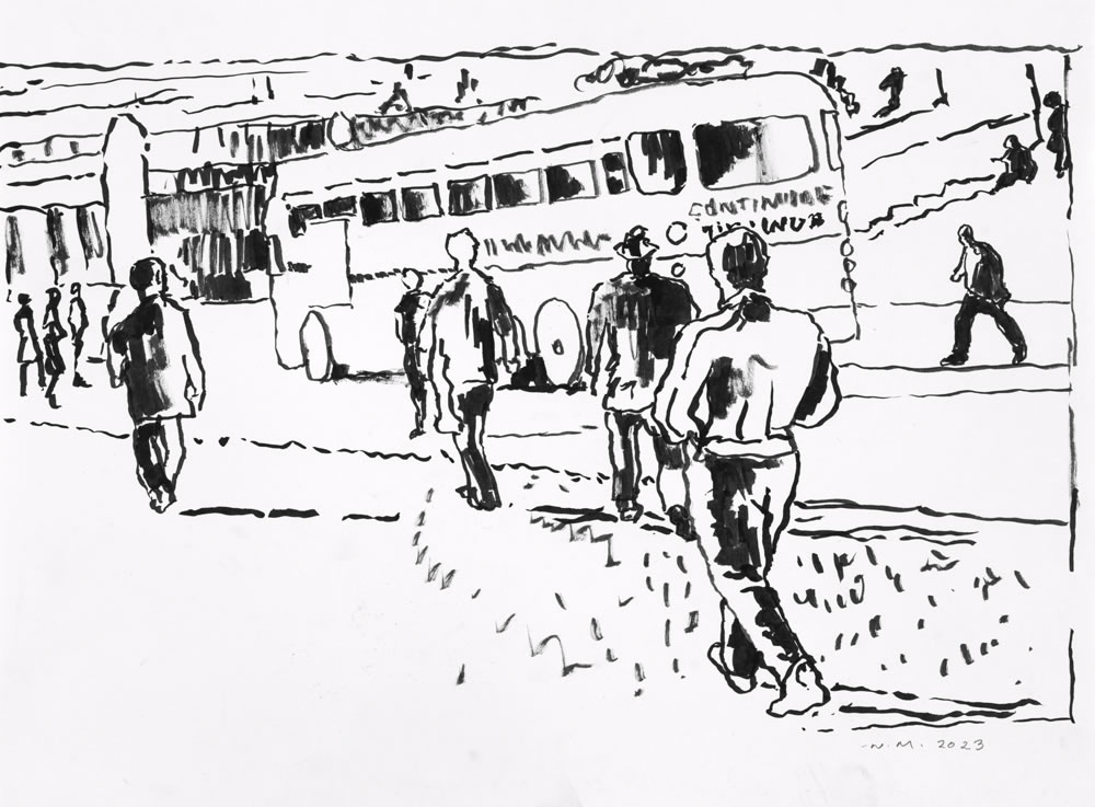 Grassy Knoll / Bus&nbsp;&nbsp;&nbsp;2023 brush and ink drawing on paper 12 x 17"
