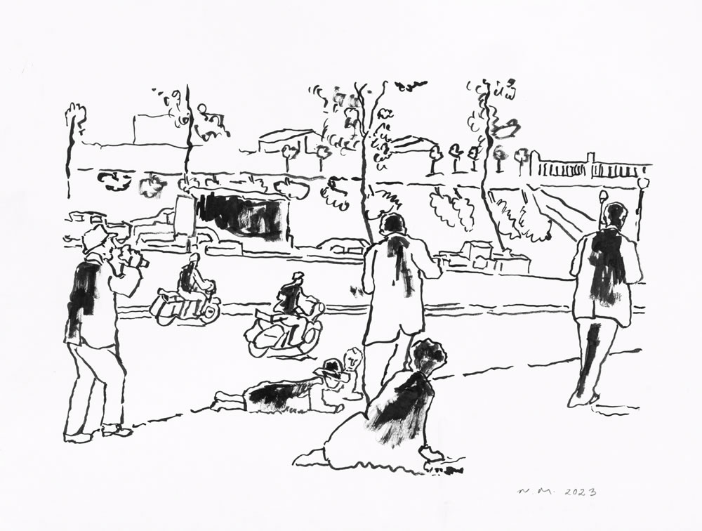 Grassy Knoll / Filming &nbsp;&nbsp;&nbsp; 2023 brush and ink drawing on paper 10 x 14"