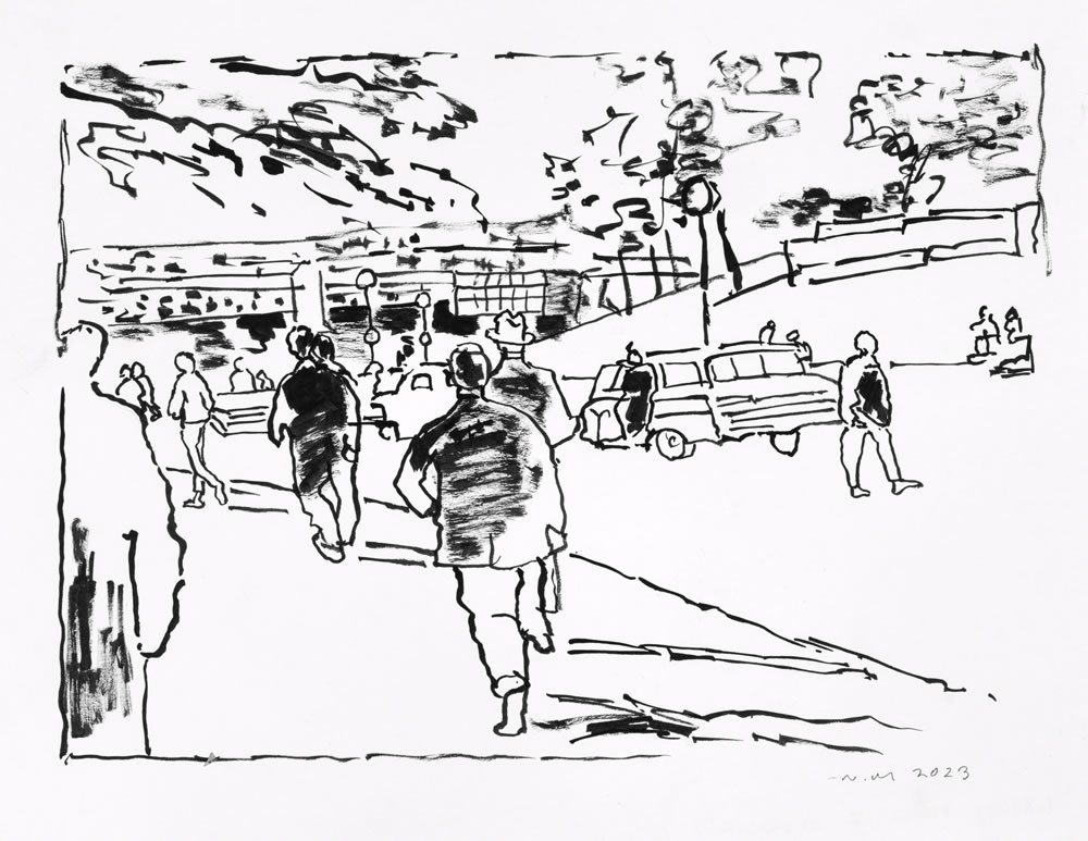 Grassy Knoll / Squad car &nbsp;&nbsp;&nbsp; 2023 brush and ink drawing on paper 11 x 15"