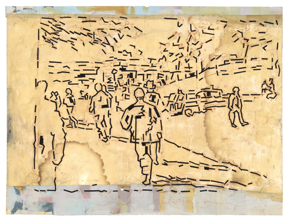 Grassy Knoll / Squad car &nbsp;&nbsp;&nbsp; 2024 encaustic collage and paint on paper 22.5 x 30"
