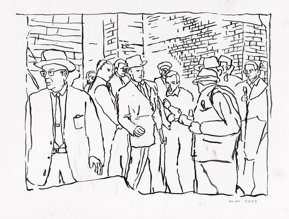 Shooting Oswald&nbsp;&nbsp;&nbsp;2023 brush and ink drawing on paper 11 x 15"